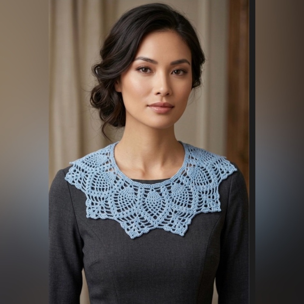 Vintage Handmade Crochet Blue Dress Or Top Collar With One Button